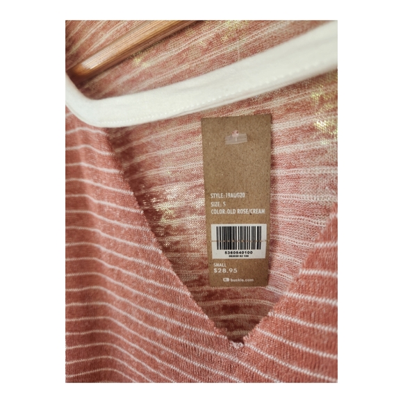 BKE Striped Cut Out Drop Shoulder Knit Top Old Rose Cream Small Boho Western - Picture 5 of 10